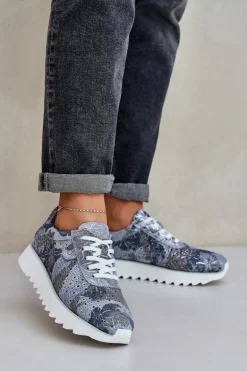 Zamszowe Wzorzyste Buty Sportowe Na Platformie Z Brokatem D&A LR51-635 Niebieskie