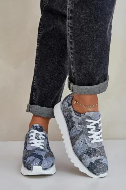 Zamszowe Wzorzyste Buty Sportowe Na Platformie Z Brokatem D&A LR51-635 Niebieskie