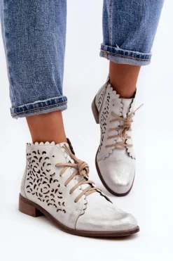 Zazoo 2871 Ażurowe Botki Damskie Sznurowane Srebrne