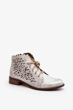 Zazoo 2871 Ażurowe Botki Damskie Sznurowane Srebrne