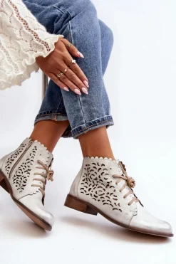 Zazoo 2871 Ażurowe Botki Damskie Sznurowane Srebrne