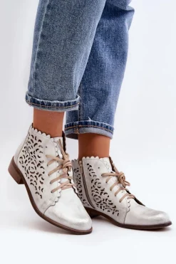Zazoo 2871 Ażurowe Botki Damskie Sznurowane Srebrne
