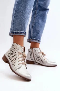 Zazoo 2871 Ażurowe Botki Damskie Sznurowane Srebrne