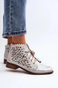Zazoo 2871 Ażurowe Botki Damskie Sznurowane Srebrne