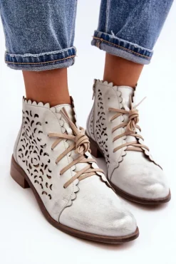 Zazoo 2871 Ażurowe Botki Damskie Sznurowane Srebrne