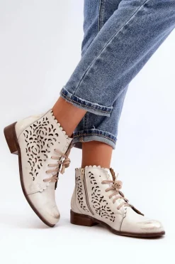 Zazoo 2871 Ażurowe Botki Damskie Sznurowane Złote Przecierane