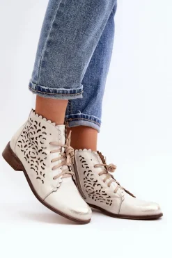 Zazoo 2871 Ażurowe Botki Damskie Sznurowane Złote Przecierane