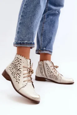 Zazoo 2871 Ażurowe Botki Damskie Sznurowane Złote Przecierane