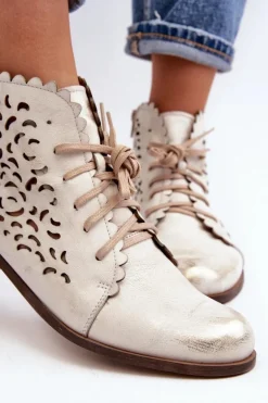 Zazoo 2871 Ażurowe Botki Damskie Sznurowane Złote Przecierane