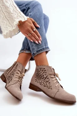 Zazoo 2871 Ażurowe Botki Damskie Sznurowane Beżowe