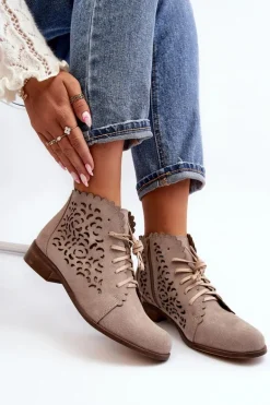Zazoo 2871 Ażurowe Botki Damskie Sznurowane Beżowe