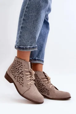 Zazoo 2871 Ażurowe Botki Damskie Sznurowane Beżowe