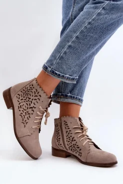 Zazoo 2871 Ażurowe Botki Damskie Sznurowane Beżowe