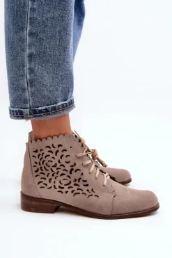 Zazoo 2871 Ażurowe Botki Damskie Sznurowane Beżowe
