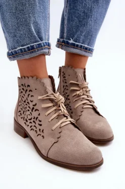 Zazoo 2871 Ażurowe Botki Damskie Sznurowane Beżowe
