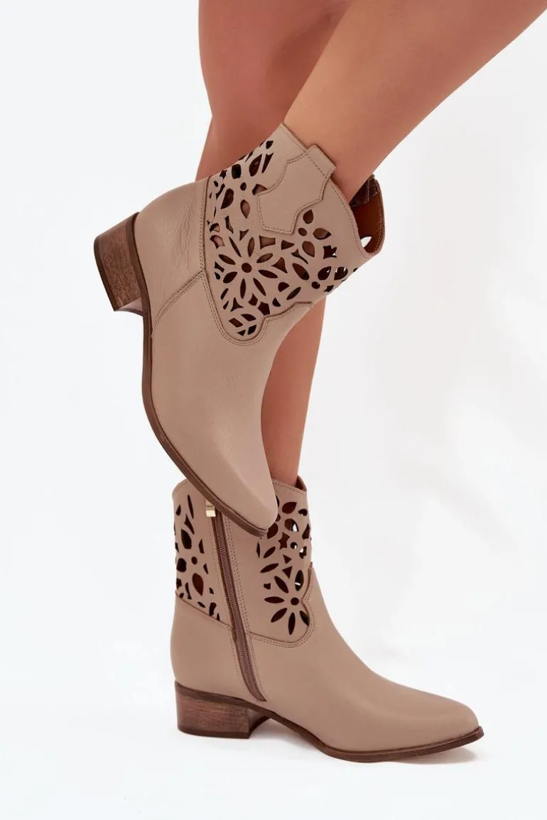 Zazoo 3404 Ażurowe Botki Kowbojki Na Niskim Obcasie Skórzane Ciemnobeżowe