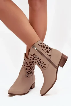 Zazoo 3404 Ażurowe Botki Kowbojki Na Niskim Obcasie Skórzane Ciemnobeżowe