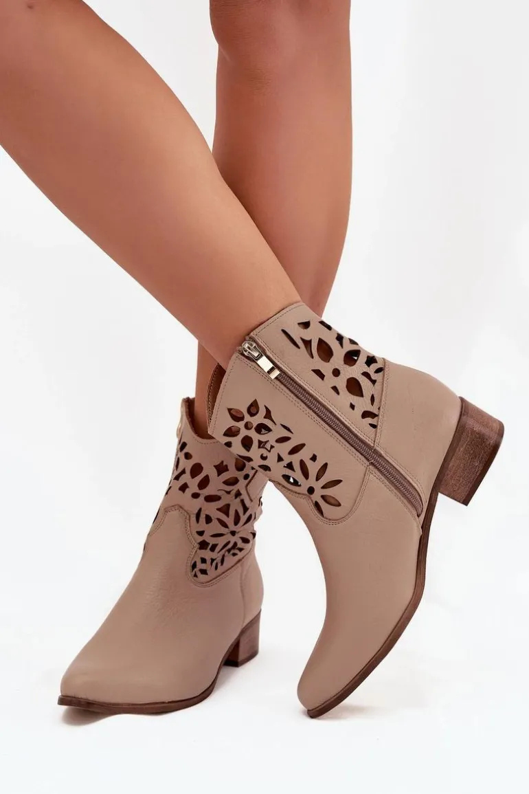 Zazoo 3404 Ażurowe Botki Kowbojki Na Niskim Obcasie Skórzane Ciemnobeżowe