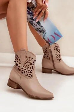 Zazoo 3404 Ażurowe Botki Kowbojki Na Niskim Obcasie Skórzane Ciemnobeżowe