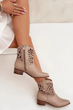 Zazoo 3404 Ażurowe Botki Kowbojki Na Niskim Obcasie Skórzane Ciemnobeżowe