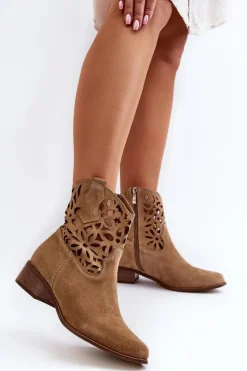 Zazoo 3404 Ażurowe Botki Kowbojki Na Niskim Obcasie Zamszowe Jasnobeżowe