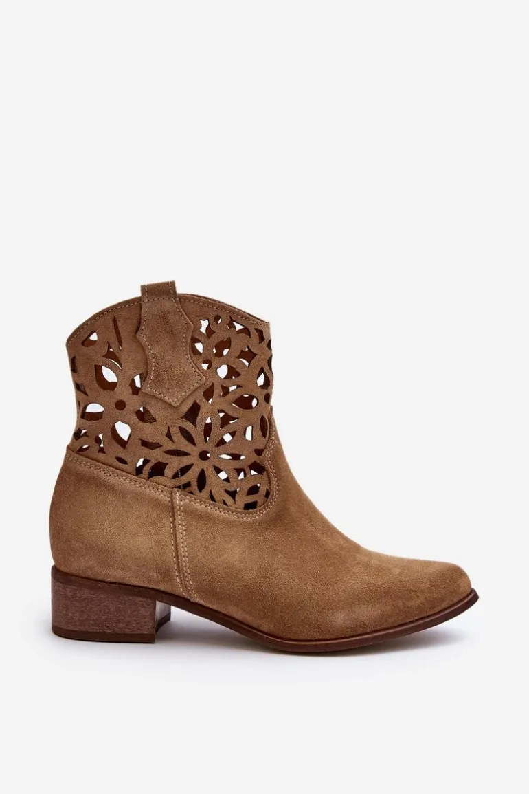 Zazoo 3404 Ażurowe Botki Kowbojki Na Niskim Obcasie Zamszowe Jasnobeżowe