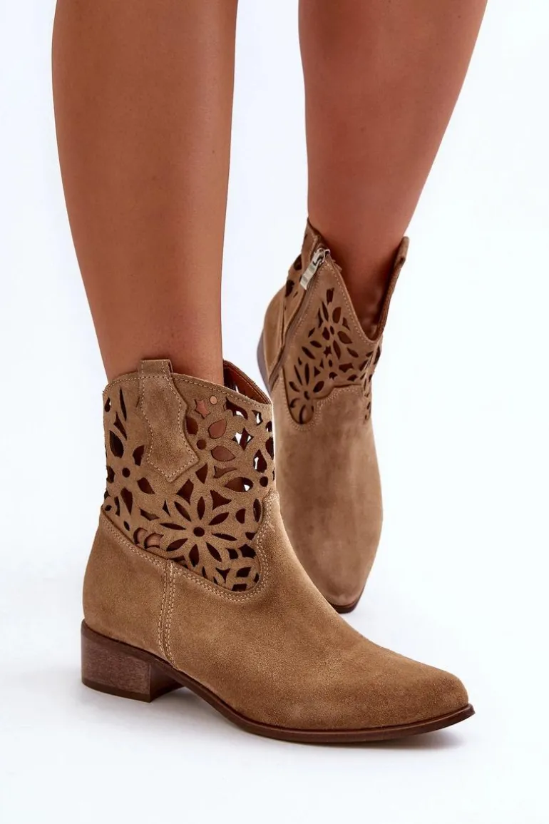 Zazoo 3404 Ażurowe Botki Kowbojki Na Niskim Obcasie Zamszowe Jasnobeżowe