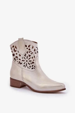 Zazoo 3404 Ażurowe Botki Kowbojki Na Niskim Obcasie Skórzane Złoty Przecierany