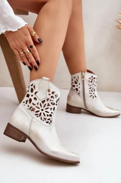 Zazoo 3404 Ażurowe Botki Kowbojki Na Niskim Obcasie Skórzane Złoty Przecierany
