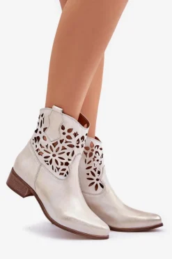 Zazoo 3404 Ażurowe Botki Kowbojki Na Niskim Obcasie Skórzane Złoty Przecierany