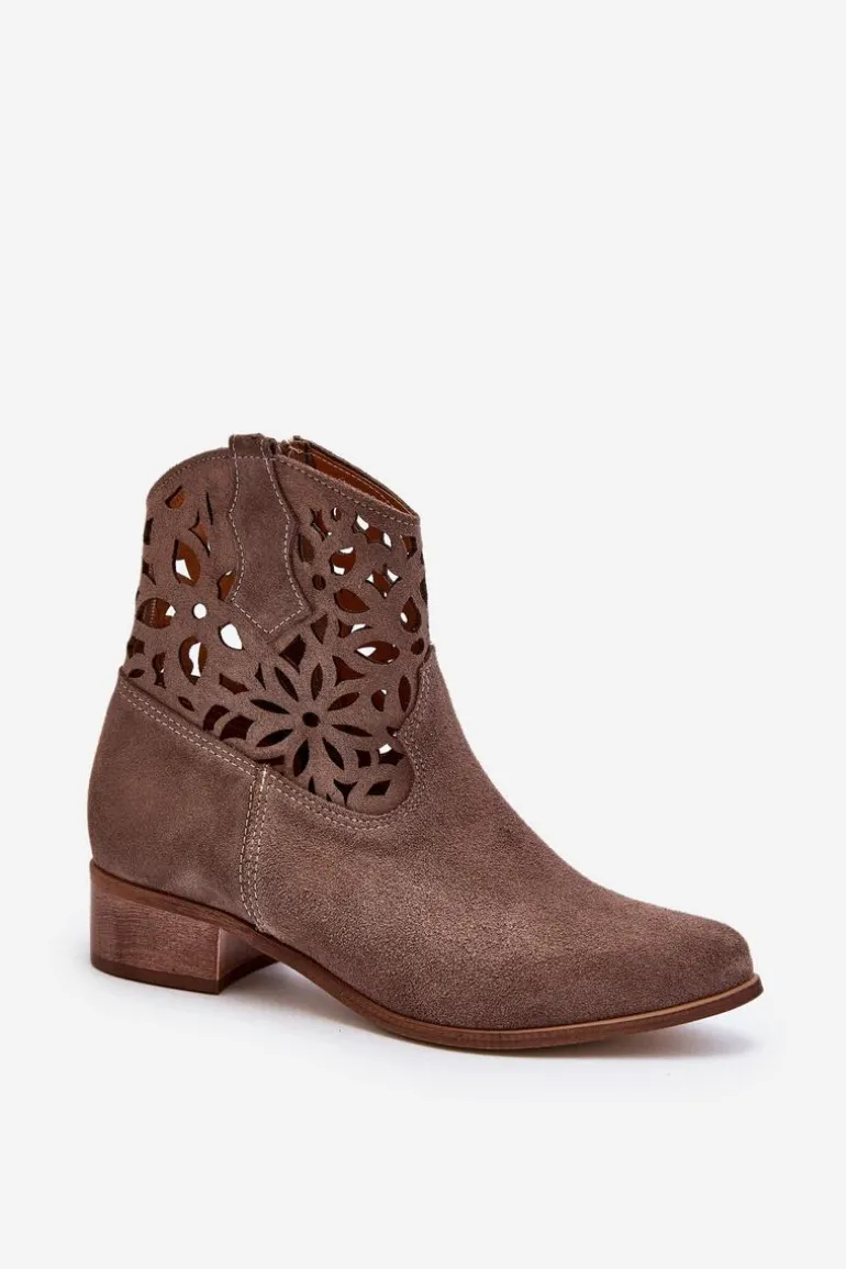 Zazoo 3404 Ażurowe Botki Kowbojki Na Niskim Obcasie Zamszowe Brązowe