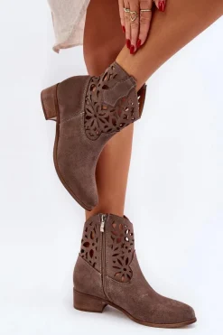 Zazoo 3404 Ażurowe Botki Kowbojki Na Niskim Obcasie Zamszowe Brązowe