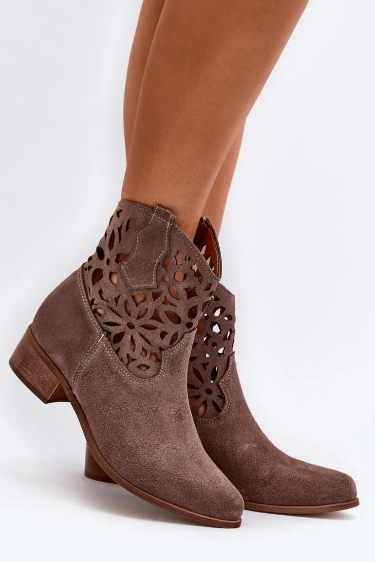 Zazoo 3404 Ażurowe Botki Kowbojki Na Niskim Obcasie Zamszowe Brązowe