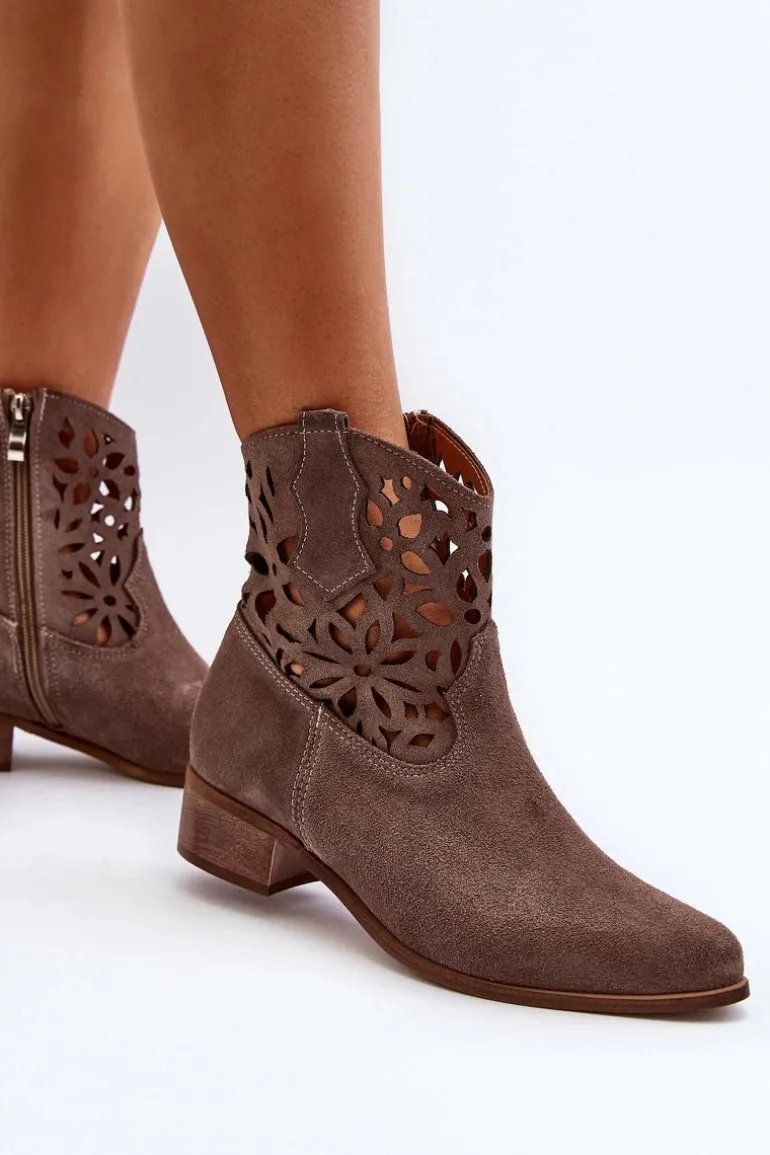 Zazoo 3404 Ażurowe Botki Kowbojki Na Niskim Obcasie Zamszowe Brązowe