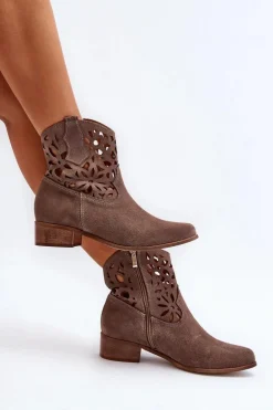 Zazoo 3404 Ażurowe Botki Kowbojki Na Niskim Obcasie Zamszowe Brązowe
