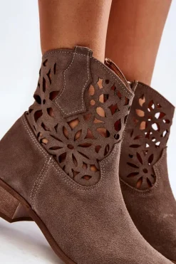 Zazoo 3404 Ażurowe Botki Kowbojki Na Niskim Obcasie Zamszowe Brązowe