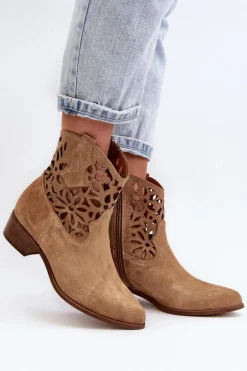 Zazoo 3404 Ażurowe Botki Kowbojki Na Niskim Obcasie Zamszowe Beżowe