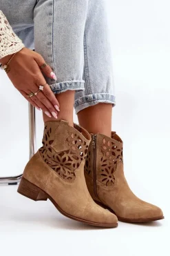 Zazoo 3404 Ażurowe Botki Kowbojki Na Niskim Obcasie Zamszowe Beżowe