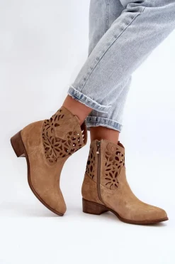 Zazoo 3404 Ażurowe Botki Kowbojki Na Niskim Obcasie Zamszowe Beżowe