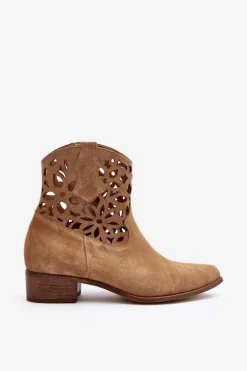 Zazoo 3404 Ażurowe Botki Kowbojki Na Niskim Obcasie Zamszowe Beżowe