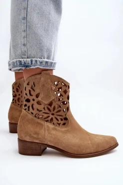 Zazoo 3404 Ażurowe Botki Kowbojki Na Niskim Obcasie Zamszowe Beżowe
