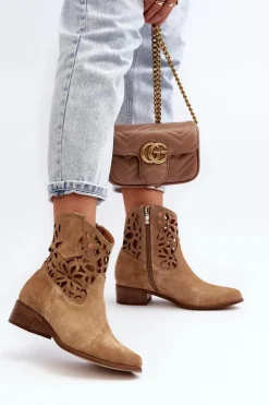 Zazoo 3404 Ażurowe Botki Kowbojki Na Niskim Obcasie Zamszowe Beżowe