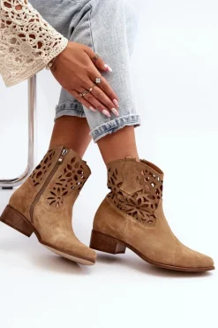 Zazoo 3404 Ażurowe Botki Kowbojki Na Niskim Obcasie Zamszowe Beżowe