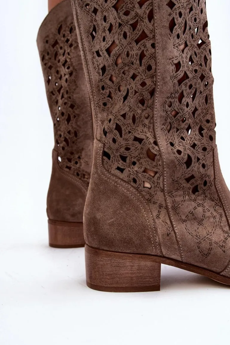 Zazoo 3403 Ażurowe Kozaki Damskie Na Niskim Obcasie Ciemnobeżowe