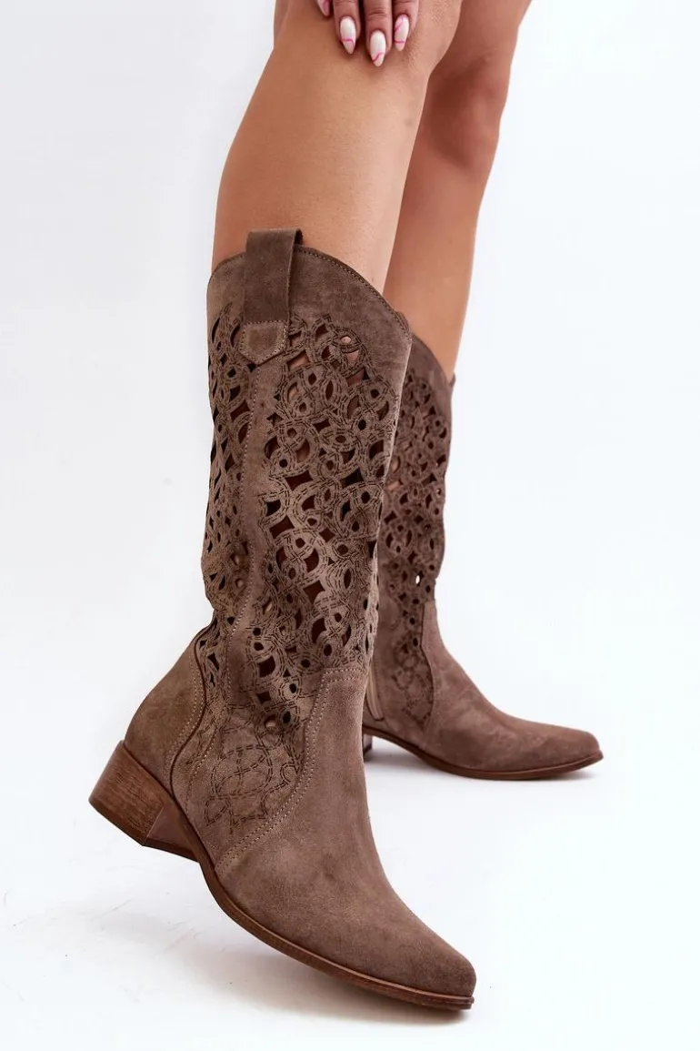 Zazoo 3403 Ażurowe Kozaki Damskie Na Niskim Obcasie Ciemnobeżowe