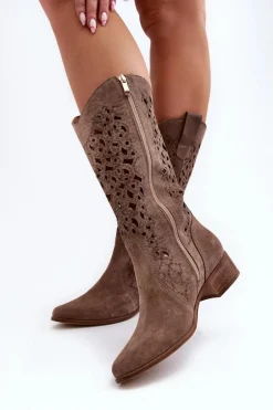 Zazoo 3403 Ażurowe Kozaki Damskie Na Niskim Obcasie Ciemnobeżowe