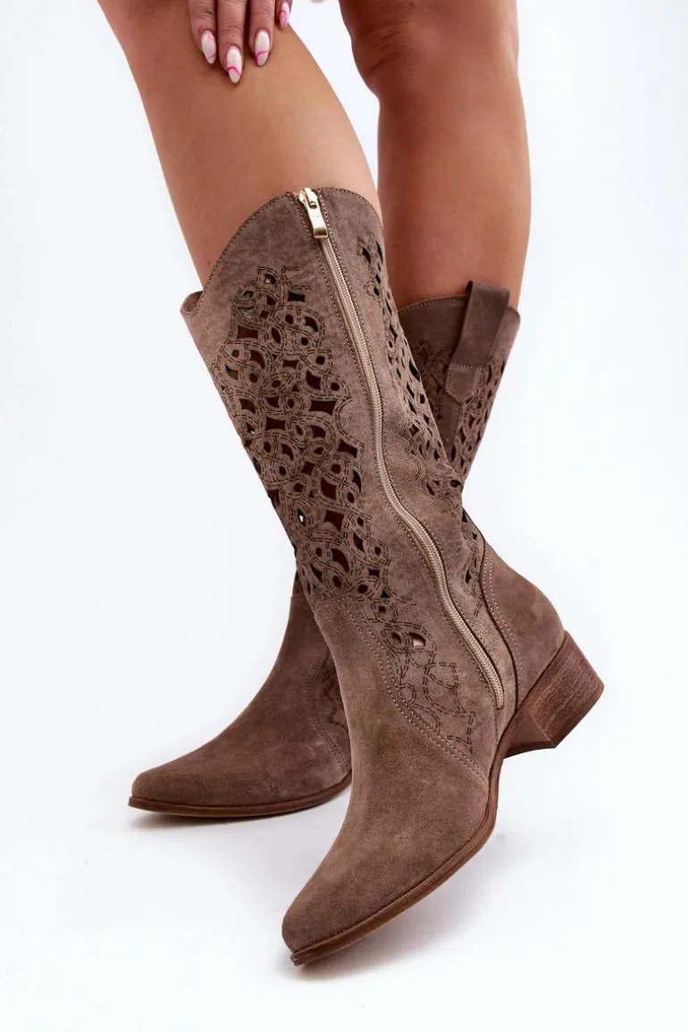 Zazoo 3403 Ażurowe Kozaki Damskie Na Niskim Obcasie Ciemnobeżowe
