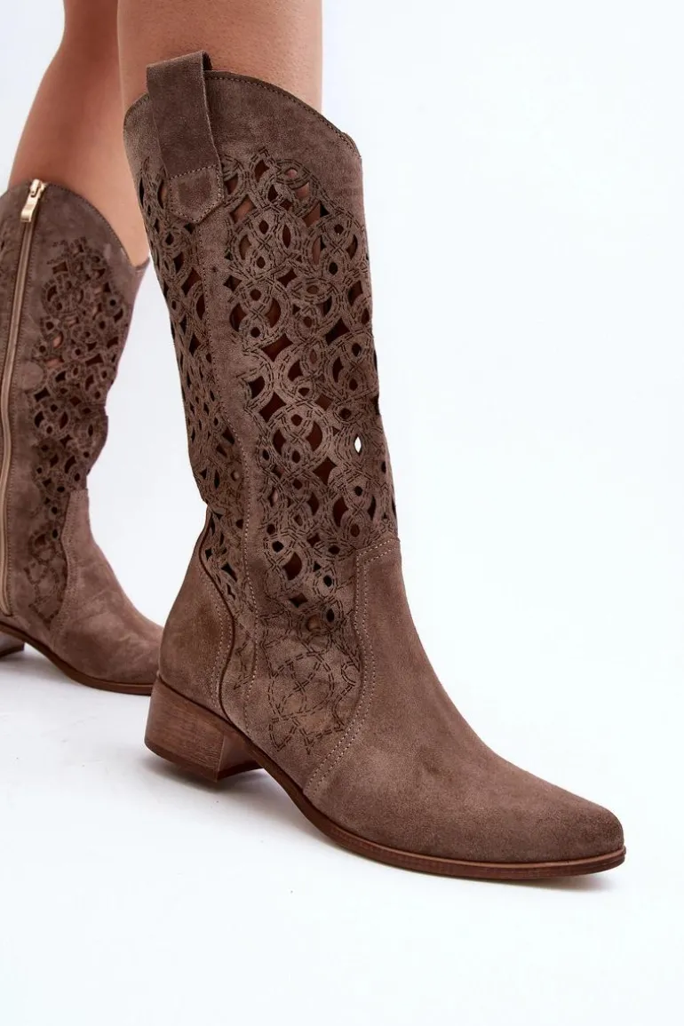 Zazoo 3403 Ażurowe Kozaki Damskie Na Niskim Obcasie Ciemnobeżowe