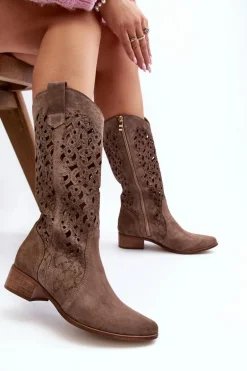 Zazoo 3403 Ażurowe Kozaki Damskie Na Niskim Obcasie Ciemnobeżowe