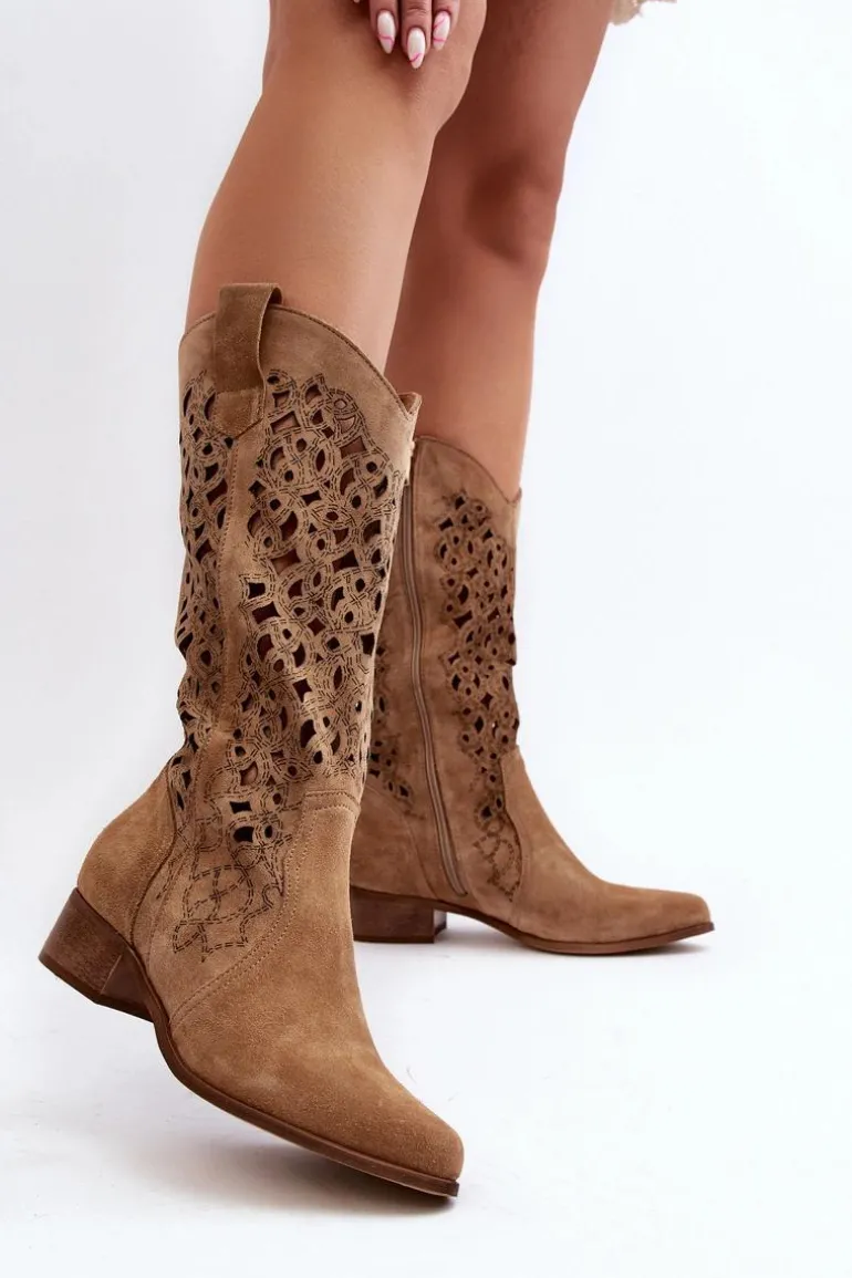Zazoo 3403 Ażurowe Kozaki Damskie Na Niskim Obcasie Beżowe
